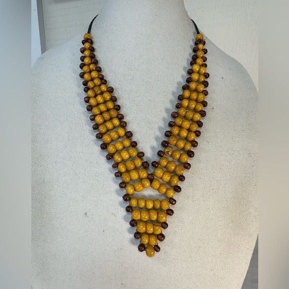 Unusual yellow and brown wooden bead necklace - Picture 1 of 4